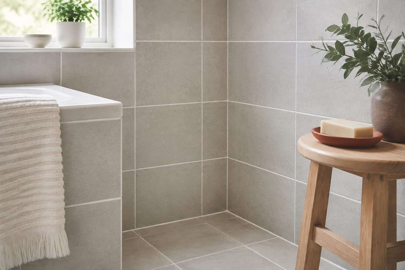 Rincón de baño seco con juntas limpias y accesorios sencillos de madera y cerámica